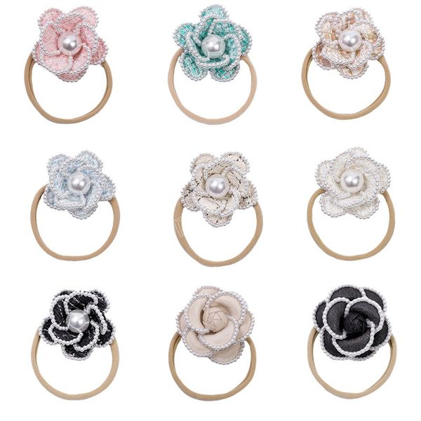 

flower pearl baby headband for girls turban newborn hair accessories children nylon hairband elastic princess pgraphy prop, Slivery;white