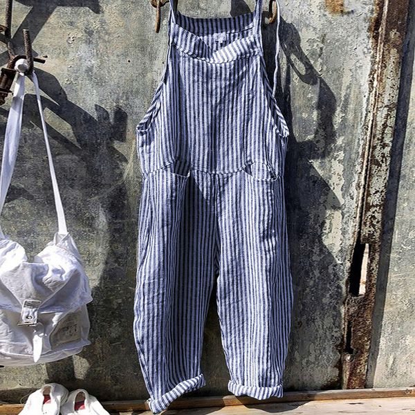 

women's jumpsuits rompers women casual striped sleeveless jumpsuit loose long suspender overalls trousers pockets bib pants summer plai, Black;white
