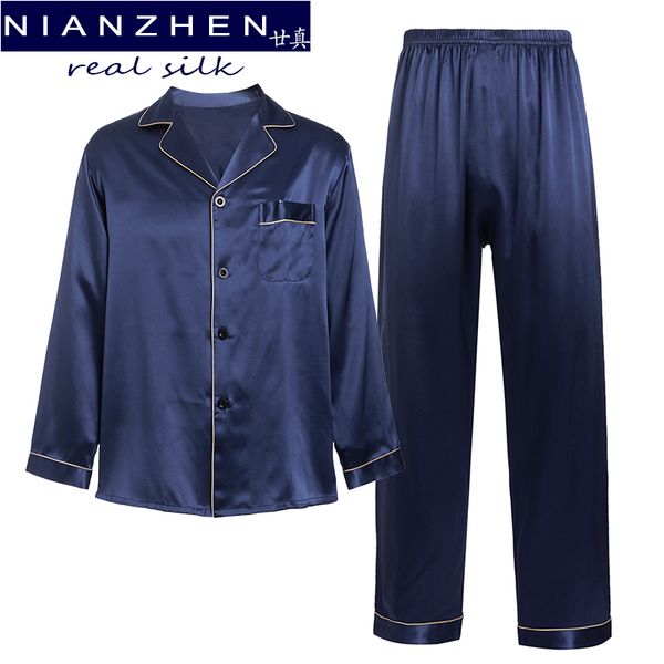 

men's sleepwear nianzhen 100% real natural silk 19 momme pajamas set solid shirt long pants sleepwear sets silk homewear for men 69002, Black;brown