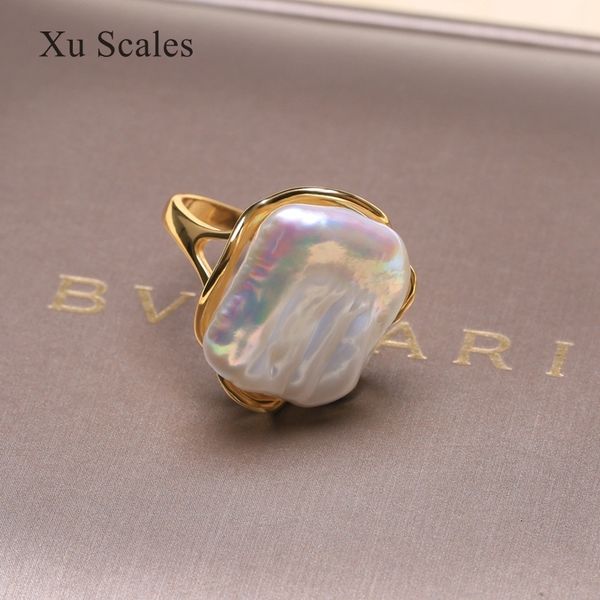 

solitaire ring natural freshwater 1420mm baroque square pearl vintage ring 14k gold filled simple classic women's jewelry adjustable si, Golden;silver