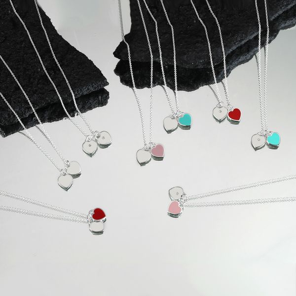 

new fashionable sterling silver love necklace mini 2 tags diamond heart-shaped pendants enamel blue necklace for women girl birthday gift cl