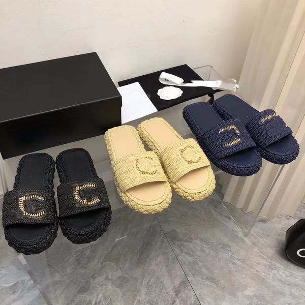 

beige black with gold cord mules logo slippers women ladies interlocking c paris fashion summer slides woven knit fabric sandal square soles