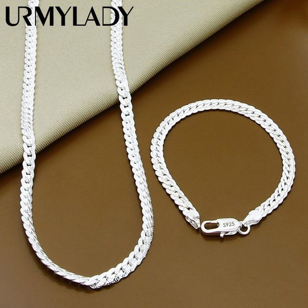 

strands strings urmylady 925 sterling silver 2 piece 6mm full sideways chain necklace bracelet for women men fashion jewelry sets wedding gi, Black
