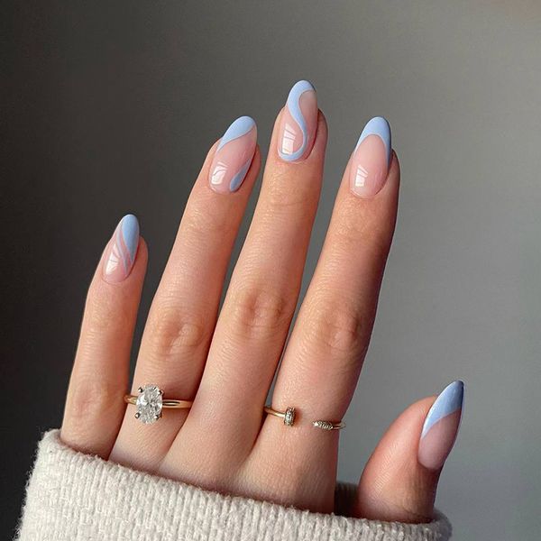 

false nails 24pcs long round head press on nail art seamless removable fake with glue ballet coffin wearing blue reusable 230425, Red;gold