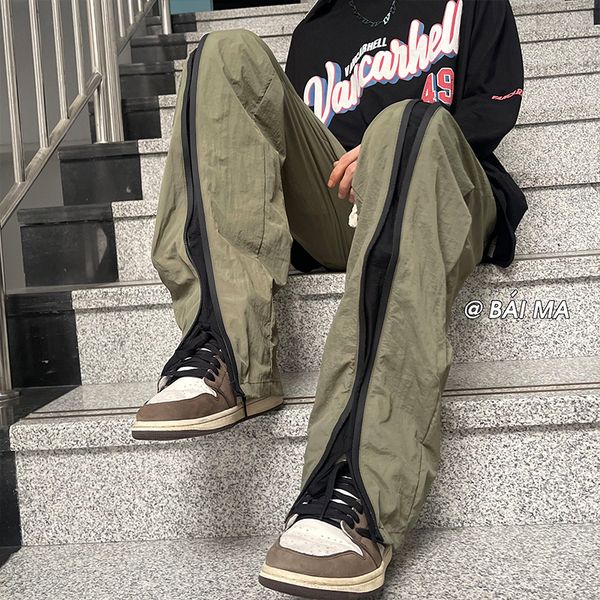 

men's pants mens fashion zipper split trousers waterproof casual pants male hip hop high street loose straight pant harajuku sweatpants, Black