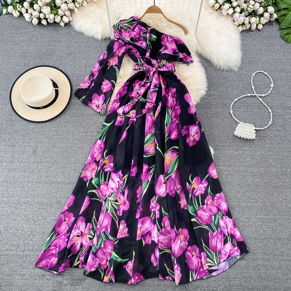 

super immortal slant neck dress single side sleeves off shoulder waist show thin a-line fragmented flower dress bohemian vacation big swing, Black;gray