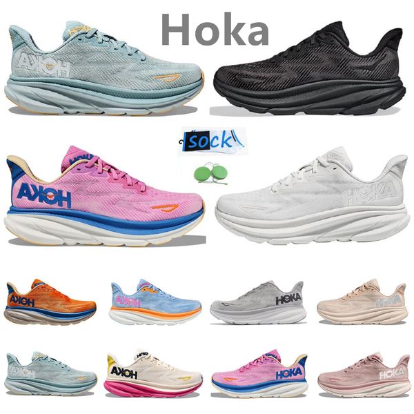 

2023 hoka one one clifton 9 men women running shoes sneaker triple black white shifting sand peach whip harbor mist coastal sky airy blue me
