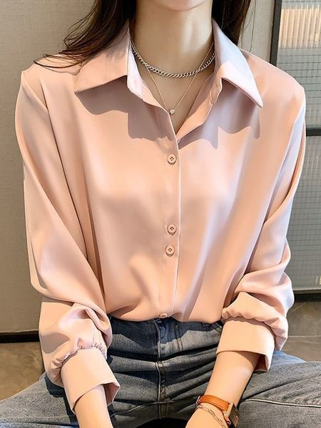 

women's blouses shirts deeptown solid satin for women chiffon summer thin silk button up office long sleeve female 230426, White