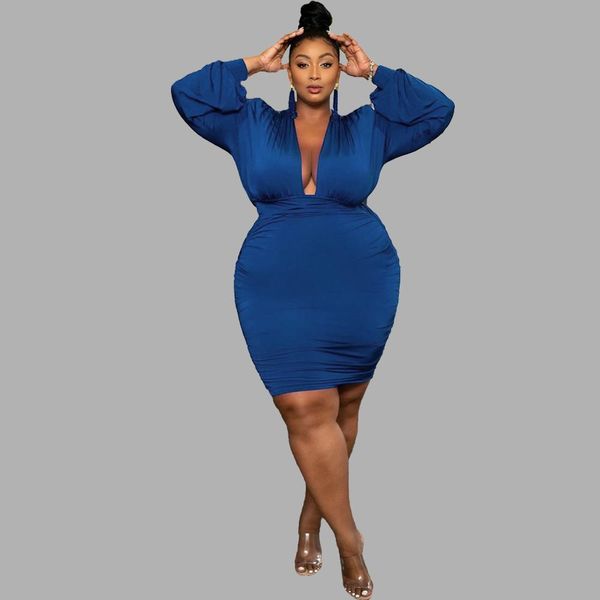 

dresses women plus size dress deep v collar high waist solid color long sleeve evening dresses fashion clothing wholesale, Black