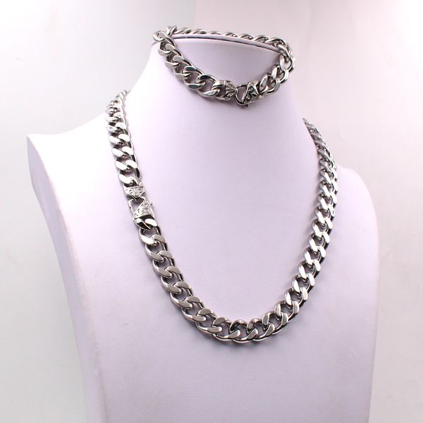 

charming gifts strong link 10mm/15mm huge silver cuban curb chain necklace bracelet stainless steel jewelry set retro clasp