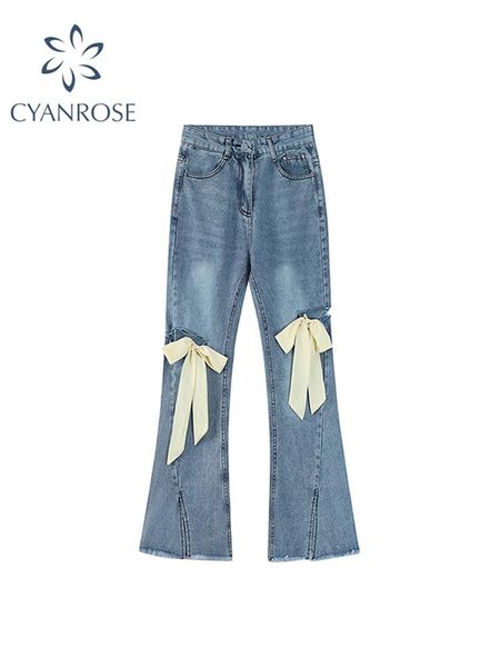 

jeans flare jeans pants women vintage bow ripped hollow out ladies high waist harajuku fashion stretch pocket wide leg denim trousers, Blue