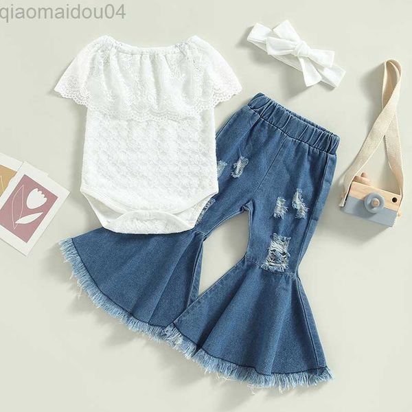 

clothing sets infant baby girls summer jumpsuits set off-shoulder floral lace romper and elastic casual ripped denim flared pants aa230426, White