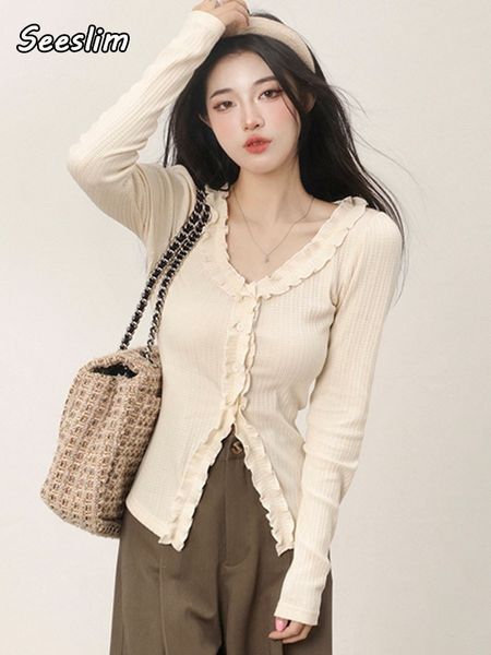 

women's t-shirt seeslim solid sweet t shirt women long sleeve harajuku apricot ruffle collar cardiagan tee shirt femme y2k slim ladies, White