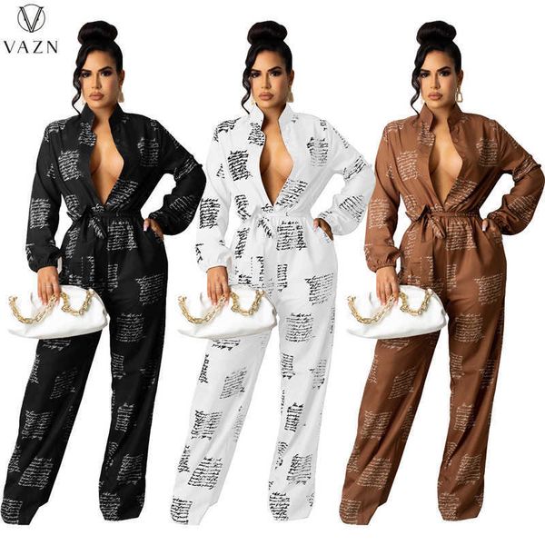 

womens jumpsuits rompers vazn 2021 lady new fashion street casual style jumpsuits long sleeve lapel single breasted pockets printed jumpsuit, Black;white