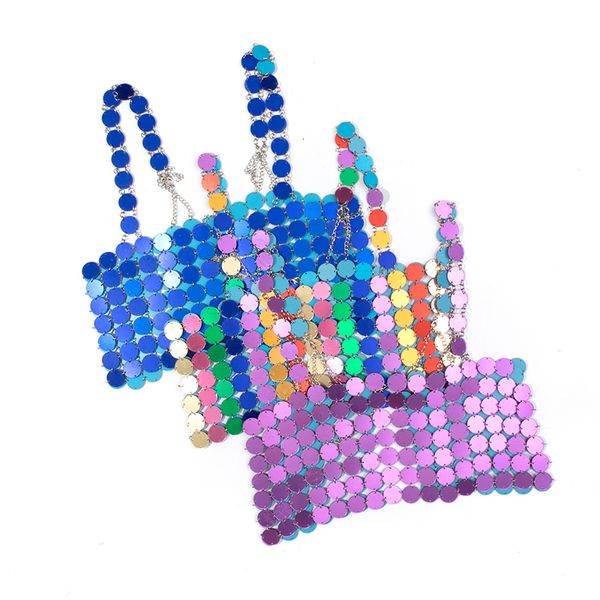 

camisoles tanks leqoel sequined crop for women fashion backless female clothing shiny metal shoulder strap hollow out 230425, Black;white