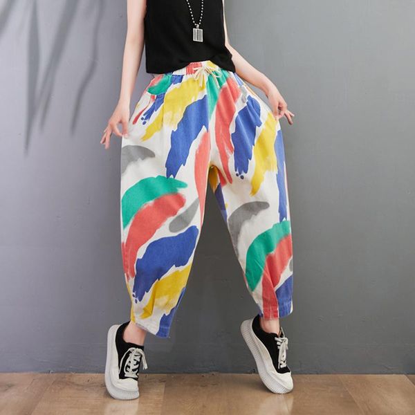 

jeans 2022 spring summer new arts style women elastic waist cotton denim harem pants vintage colours print loose jeans c151, Blue