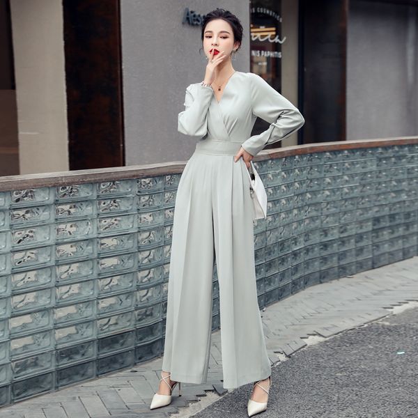 

women's jumpsuits rompers autumn ladies temperament trousers v-neck high waist wide leg pants rompers women's casual loose straigh, Black;white