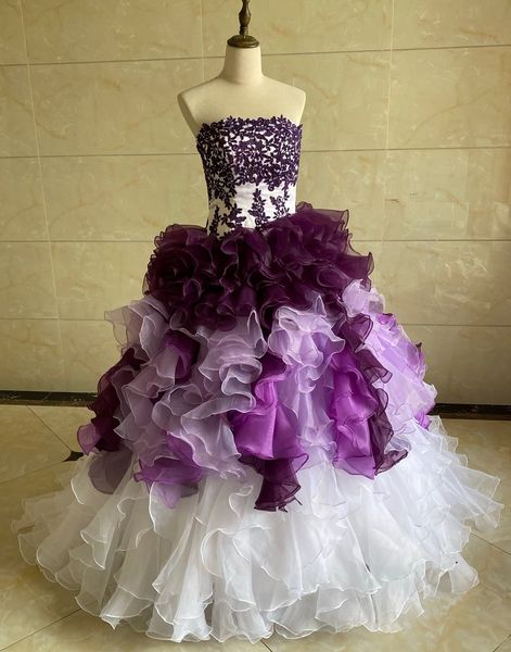 

romantic white and purple country wedding dress tiered ruffles strapless long organza bridal gowns sleeveless garden plus size women formal