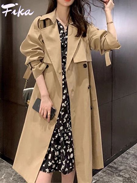 

women's trench coats gaya korea kerah lipat bawah kualitas sabuk berkancing dua baris v jaket panjang mantel longgar kasual 230426, Tan;black