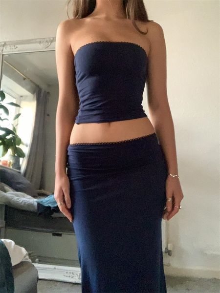 

two piece dress chronstyle women 2pcs y2k solid skirts sets strapless off shouler tube crop high waist long outfits streetwear 2023 230425, White