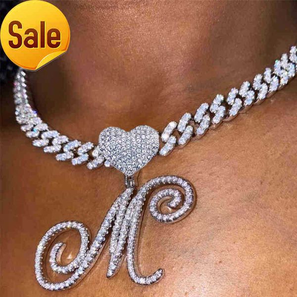 

hbp new a-z cursive letter heart pendant iced out cuban necklace for women initial zircon link chain choker hip hop jewelry 2200812, Silver
