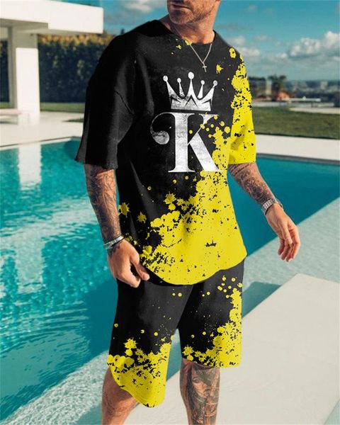 

men's tracksuits t-shirt and shorts 2-piece crown letter k pattern fitness colorful summer 230426, Gray