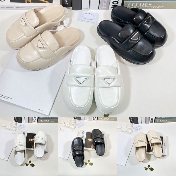 

2023 women mules prad soft lining leather sandals slippers mule slides triangle white womens lady scuffs indoors outdoor fashions, Black