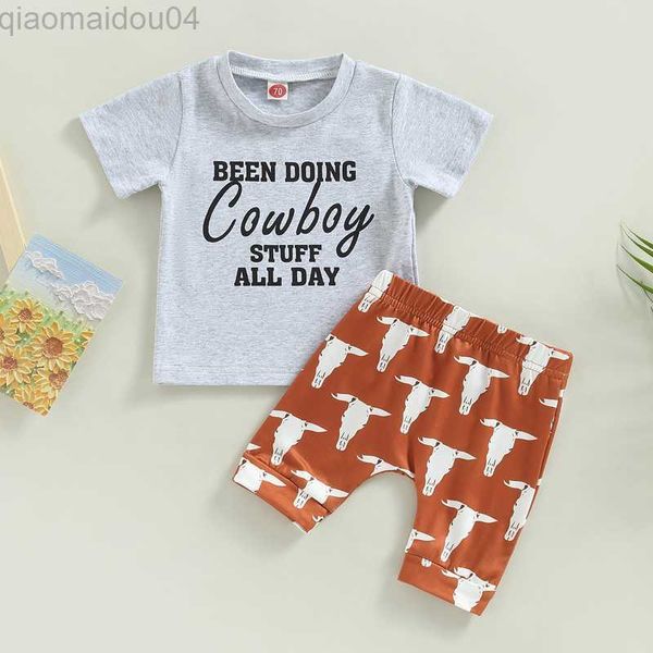 

clothing sets toddler infant baby boy western cowboy clothes set short sleeve round neck letter print t-shirt + elastic waist bull head shor, White