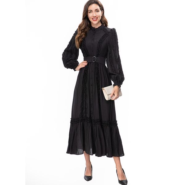 

women's runway dresses stand collar long sleeves striped ruffles elegant fashion designer vestidos, Black