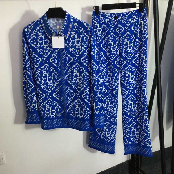

23ss women shirt set womens designer clothing blue and white porcelain printed pattern nail drill lapel long sleeve shirt high waist wide le