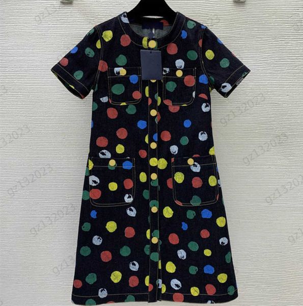

brand dresses custom metal buttons with colorful polka dot print embellish short sleeves dress luxury designer simple casual style trend jok, Black;gray