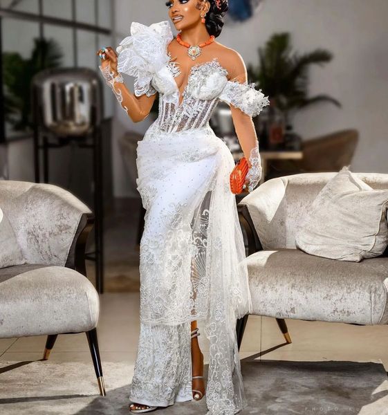 

exquisite mermaid wedding dresses long sleeves v neck off shoulder beads sequins applique side slit diamonds plus size bridal gowns plus siz, White