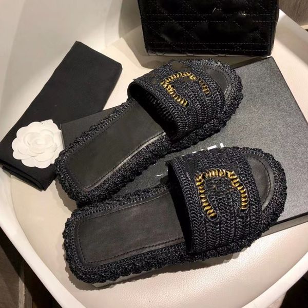 

gold cord interlocking c logo mules logo slippers slip on raffia straw espadrilles platform sandal fabric platform slides flip flops beige b, Black