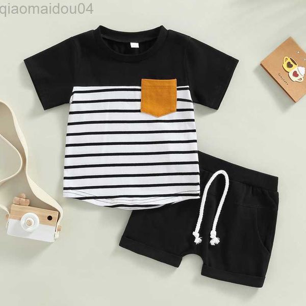 

clothing sets toddler boys summer outfit newborn infant baby clothes sets short sleeve striped + black drstring shorts aa230426, White