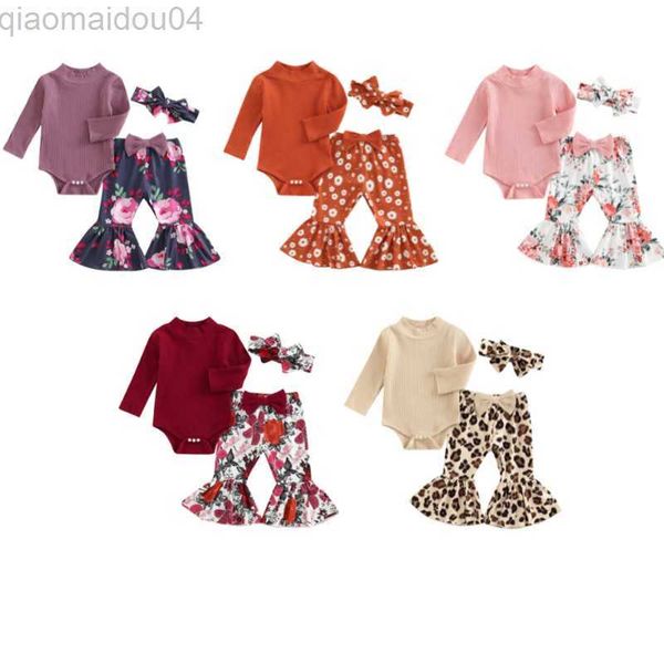 

clothing sets infant girl autumn clothes set solid color ribbed long sleeve knitted romper + leopard flower print flare pants + headband aa2, White