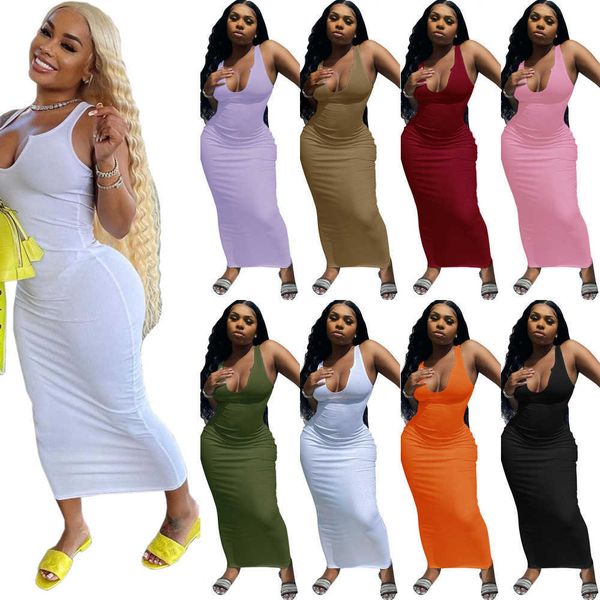 

women sleeveless u-neck bodycon dress solid color designer tank maxi pit strip long dresses 15 colors, Black;gray