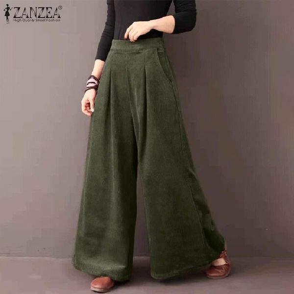 

capris zanzea vintage corduroy pants women wide leg trousers casual high elastic waist long pantalon palazzo solid turnip, Black;white