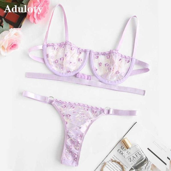 

set new style women' thin section mesh embroidered underwear underwire gather bra panty set thong lingerie set j230426, Red;black