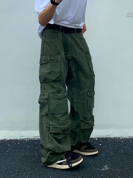 

men's pants spring cargo pants rice white multi-pockets overalls harajuku stays men loose casual trousers straight mopping pants 230425, Black