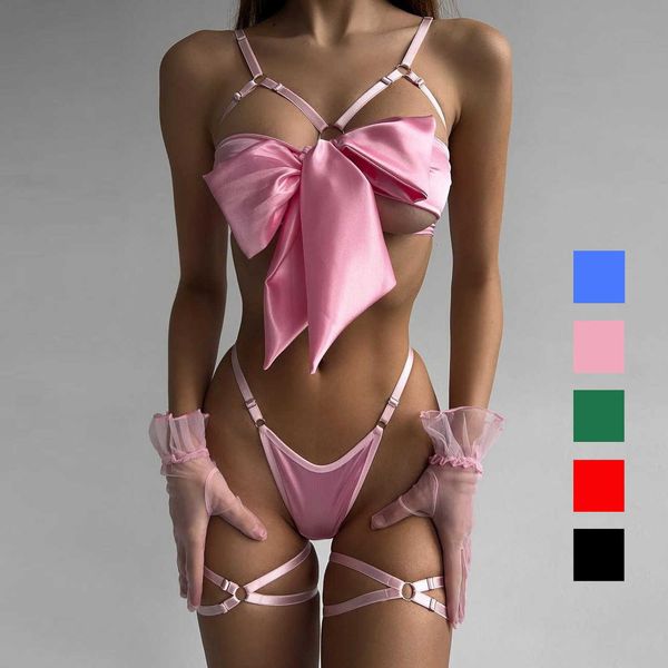 

set bowknot lingerie open bra lace up underwear 3piece satin erotic outfit young girls uncensored bilizna set of j230425, Red;black