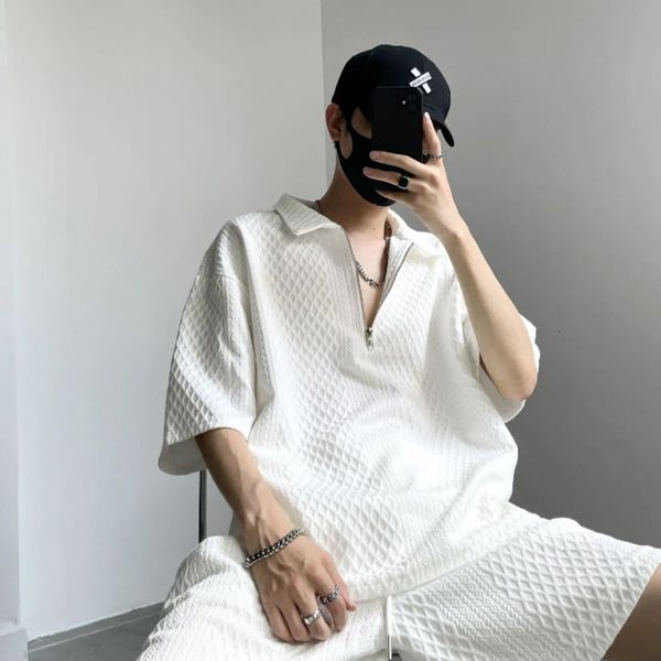 

men's tracksuits gmiixder summer t-shirt shorts casual suit texture high-end loose half-zipper lapel shirt men solid two-piece set 2304, Gray