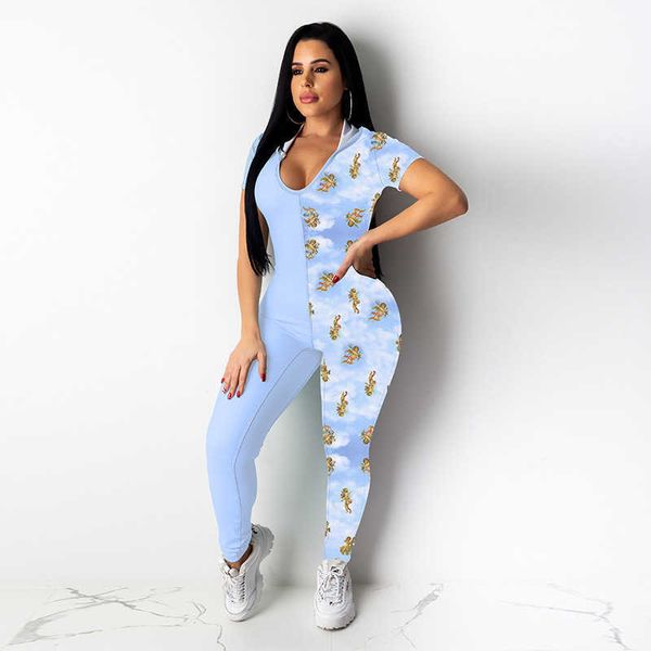 

women's jumpsuits rompers unique design printing v neck romper women shorts sleeve hollow out with hat patchwork casual high waist jump, Black;white
