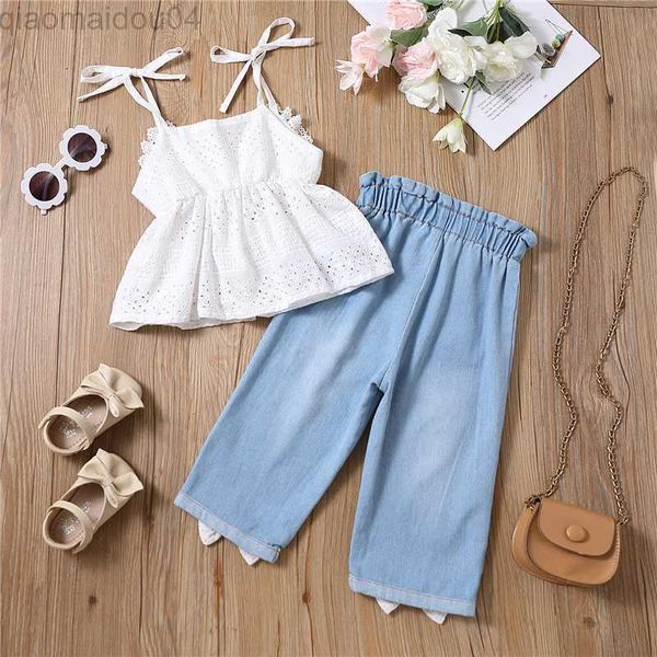 

clothing sets kid girls summer 2pcs outfit children's clothing sets white sleeveless v neck hollow camisole + blue denim pants aa230426
