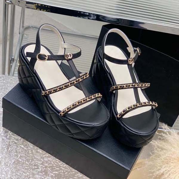 

new designer womens sandals platform wedge open toe genuine leather wide-band thick bottom shoes outdoor beach slippers size 35-41 with box, Black