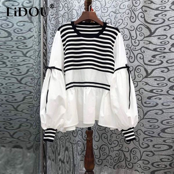 

women's blouses shirts spring autumn o neck striped patchwork loose casual pullover blouse femme comfortable all-match bow shirt clothi, White