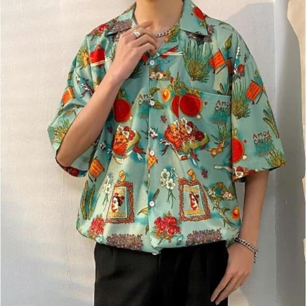 

vintage shirt men's and women's loose beach short-sleeved shirt 2023 floral blouse, White;black