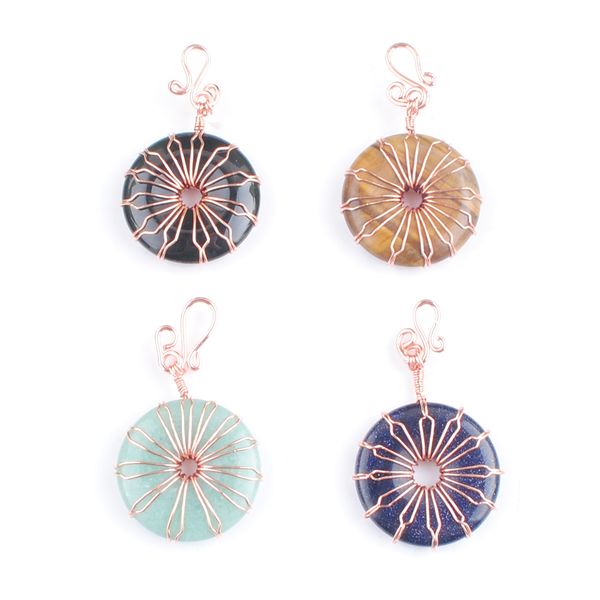 

natural rose quartz obsidian stone bead round pendant rose gold wire wrapped donut ring flower handmade charm healing fashion jewelry wholes, Silver