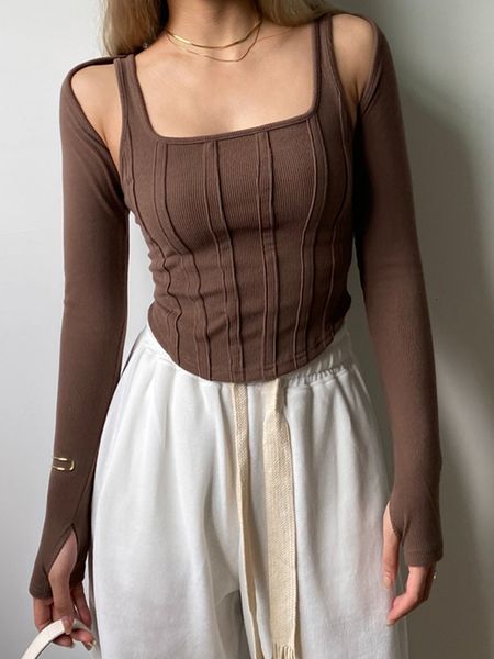 

women's t-shirt tossy women striped stitching slim t-shirt female 2 in 1 shrug set co-ord crop shrug and corset tank set y2k streetwea, White