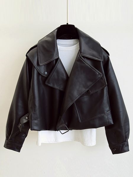

women's jackets ftlzz spring women faux leather jacket biker red white coat turndown collar pu motorcycle jackets loose streetwear oute, Black;brown