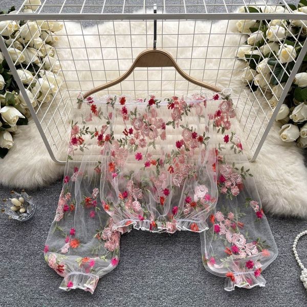 

women's tshirt 2023 summer off shoulder mesh embroidery sheer loose outer layer bubble sleeve cover up long lace 230425, White